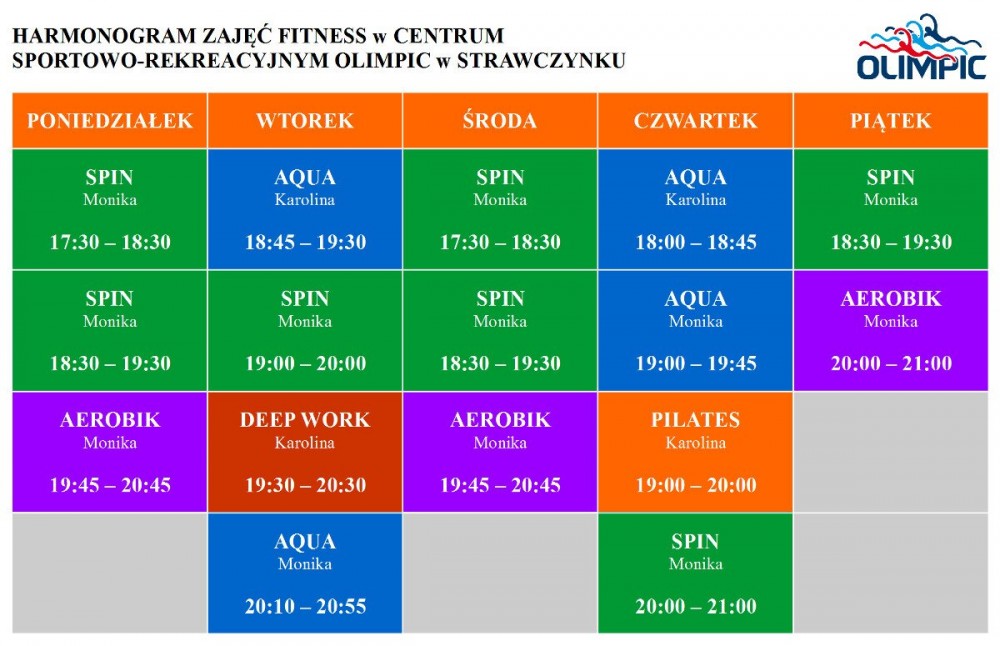 Harmonogram zajęć fitness w Centrum Sportowo-Rekreacyjnym OLIMPIC w Strawczynku