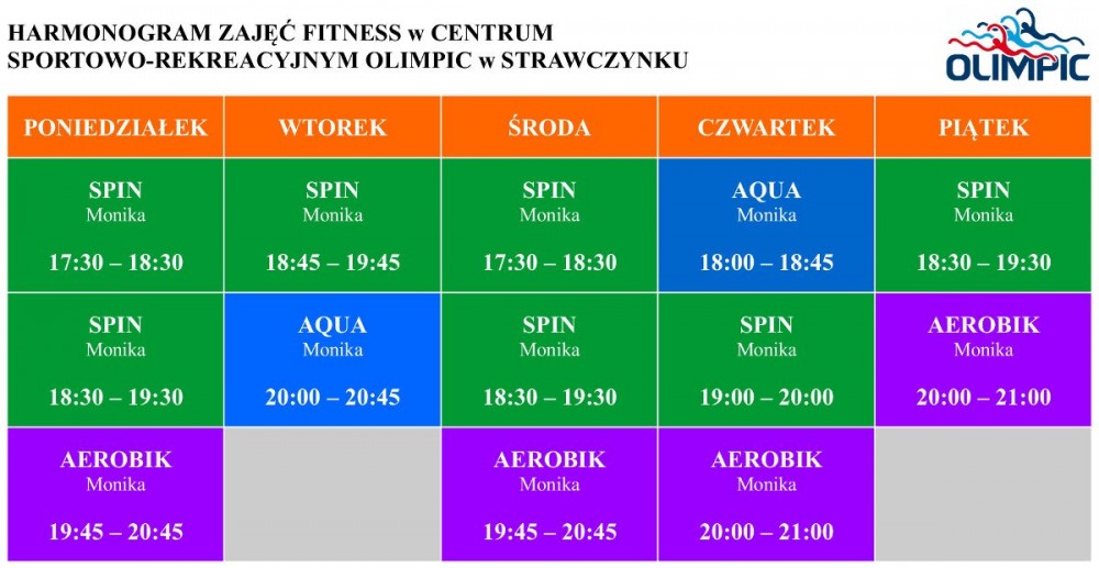 Harmonogram zajęć fitness w Centrum Sportowo-Rekreacyjnym OLIMPIC w Strawczynku